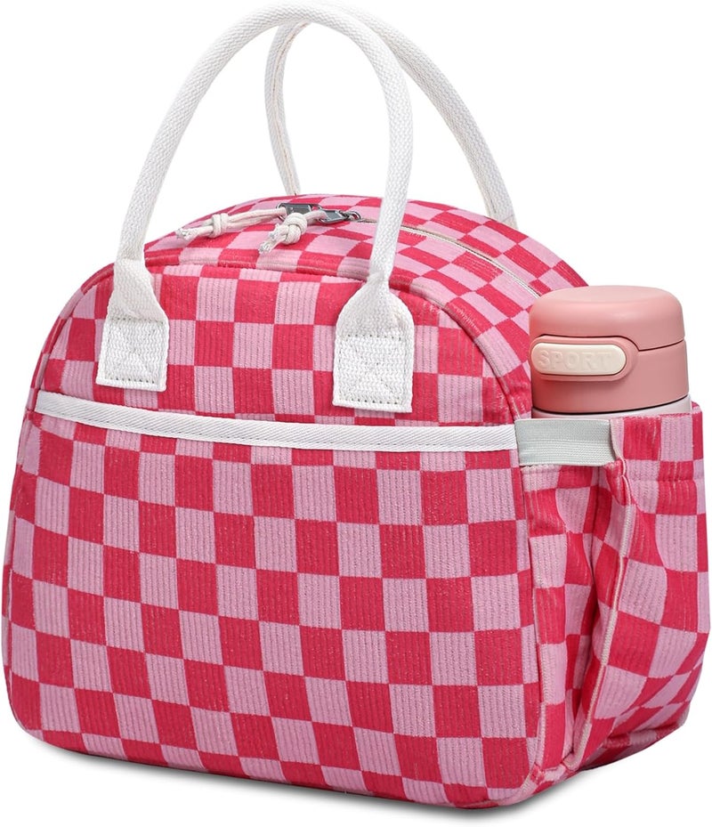 Carry bloom Lunch Box for Women, Insulated Lunch Bag Cute Corduroy Lunchbag Reusable Lunchbox for Work (checkered rose pink) - Image 1